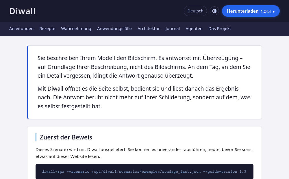 Bildschirmaufnahme der Diwall-Startseite im Browser: dunkle Kopfzeile, Navigationsleiste und zwei Inhaltskarten.