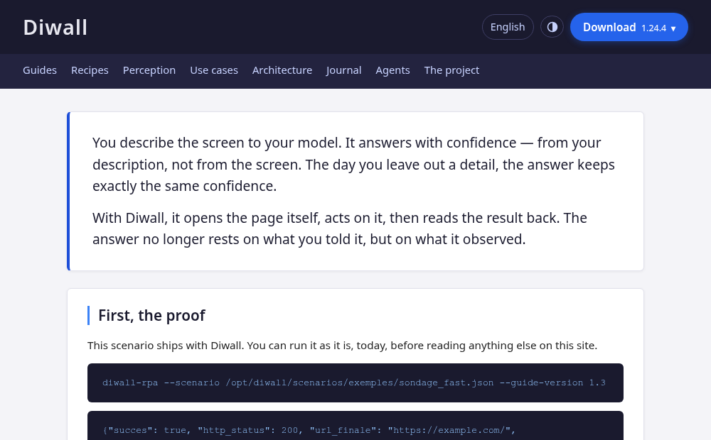 Screenshot of the Diwall homepage as rendered in a browser: dark header, navigation bar, and two content cards.