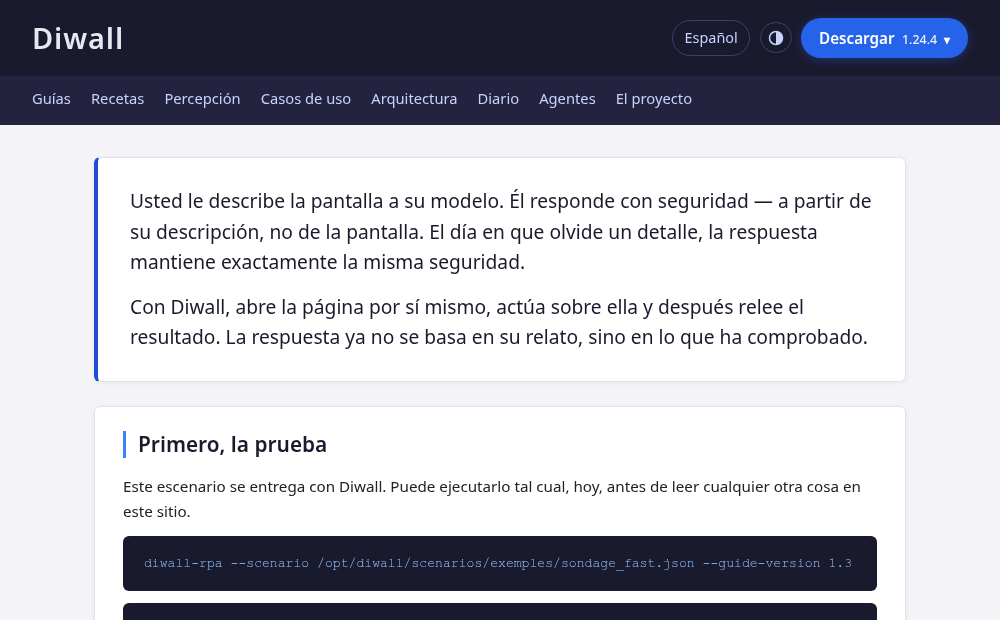 Captura de la portada de Diwall tal como se muestra en un navegador: cabecera oscura, barra de navegación y dos tarjetas de contenido.
