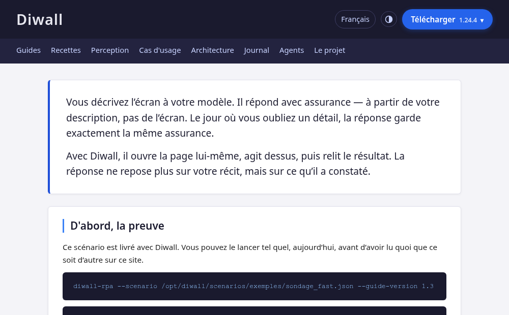 Capture de l'accueil de Diwall tel qu'affiché dans un navigateur : en-tête sombre, barre de navigation, deux cartes de contenu.